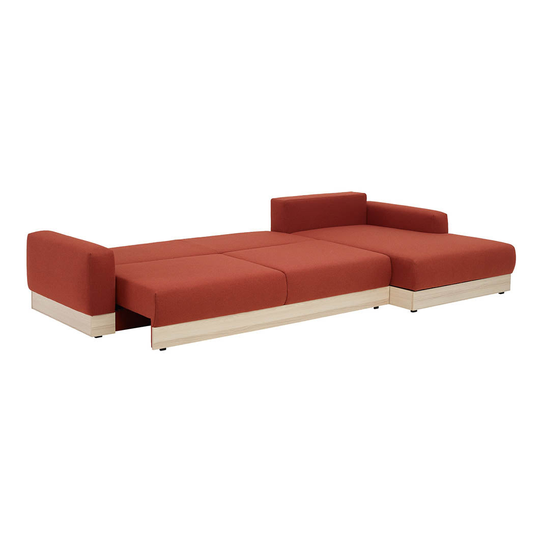The Decorators: Canapea mare de colt 3 locuri extensibila 150x300 cm cu depozitare, sezlong pe partea stanga si banda decorativa din lemn VOX Stello, culoare/textura tapiterie la alegere
