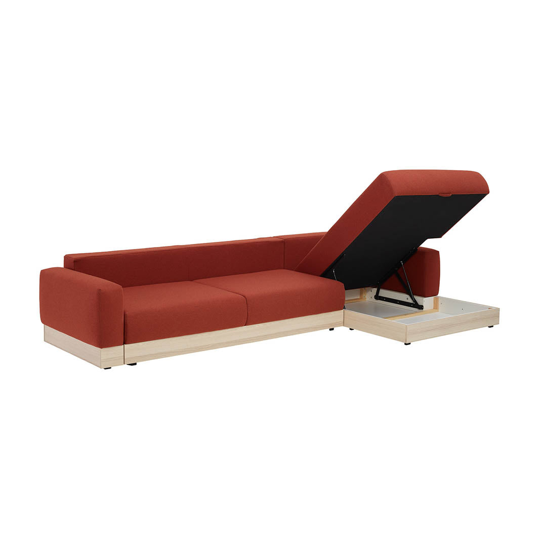 The Decorators: Canapea mare de colt 3 locuri extensibila 150x300 cm cu depozitare, sezlong pe partea stanga si banda decorativa din lemn VOX Stello, culoare/textura tapiterie la alegere