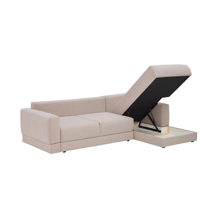 The Decorators: Canapea de colt 3 locuri extensibila cu depozitare si sezlong pe partea stanga VOX Stello, culoare/textura tapiterie la alegere