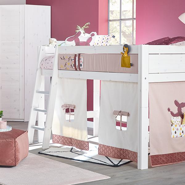 The Decorators: Set perdelute pentru pat semi-inalt, Funland, bumbac si poliester, alb-roz, H128cm