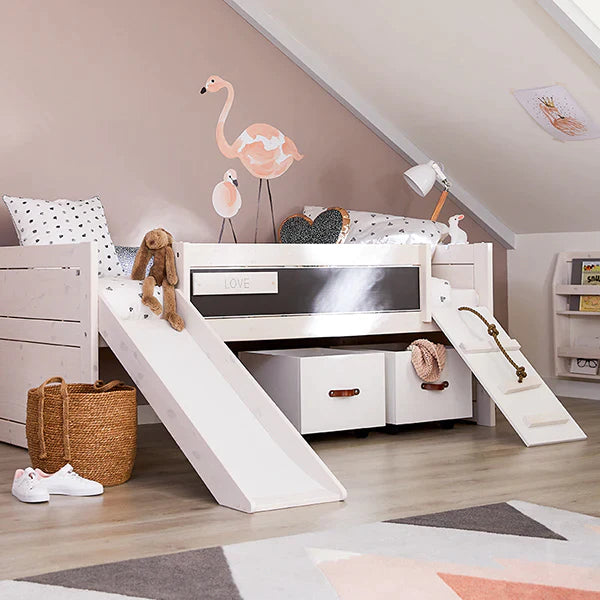 The Decorators: Pat copii cu scara si tobogan, Whitewash, lemn de pin, 90x200 cm