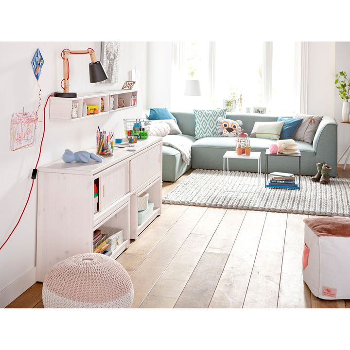 Birou copii transformabil, Play & Store, lemn de pin, white washed, 72x170x35/120 cm