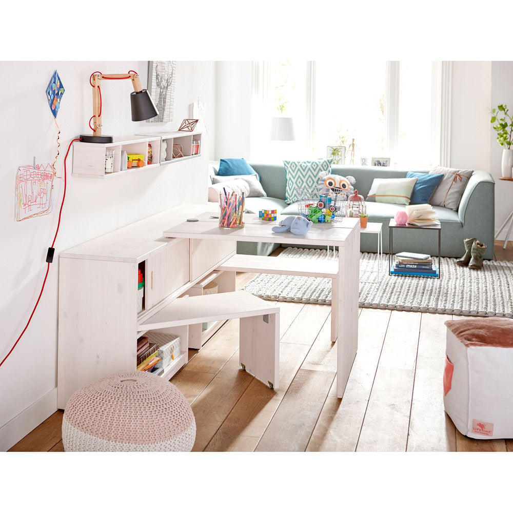 The Decorators: Birou copii transformabil, Play & Store, lemn de pin, alb, 72x170x35/120 cm