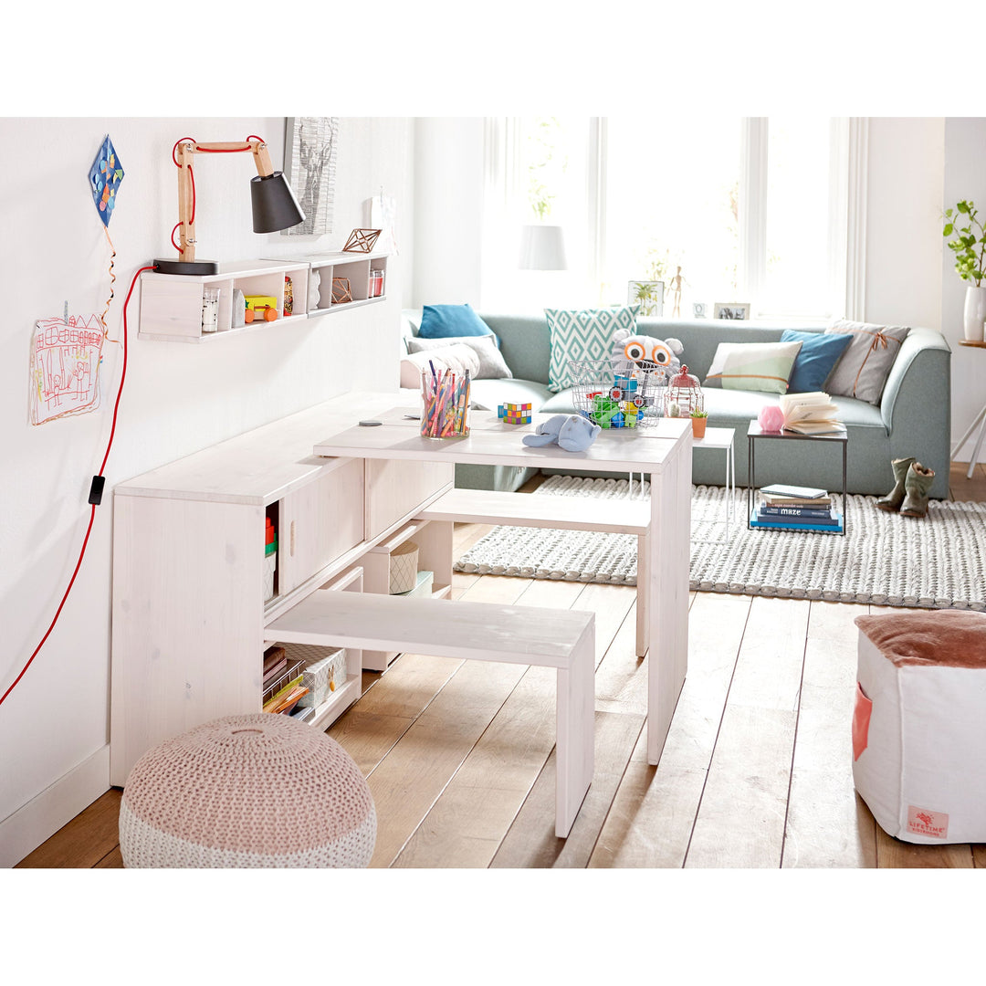 The Decorators: Birou copii transformabil, Play & Store, lemn de pin, alb, 72x170x35/120 cm