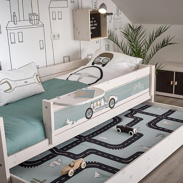 The Decorators: Set lenjerie pat pentru copii, Road Trip Race, bumbac satinat, alb-verde, 140x200 cm